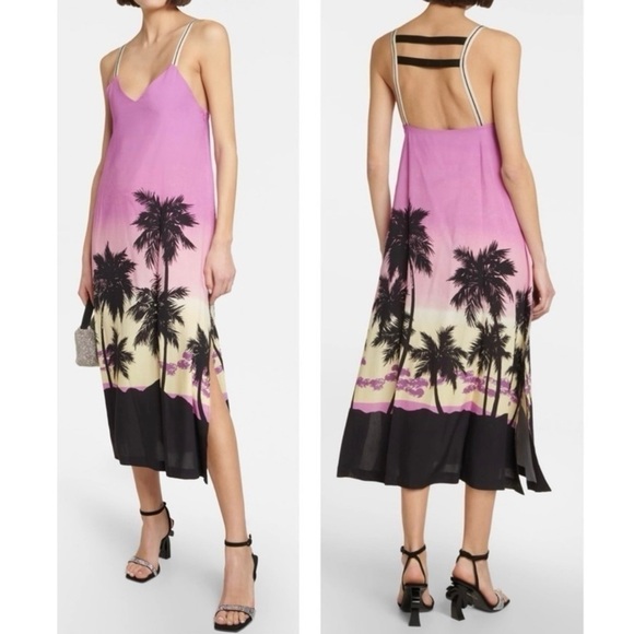 Palm Angels Dresses & Skirts - Palm Angels Pink Sunset Satin Slip On Palm Print Midi Slit Logo Dress Size 4 NEW